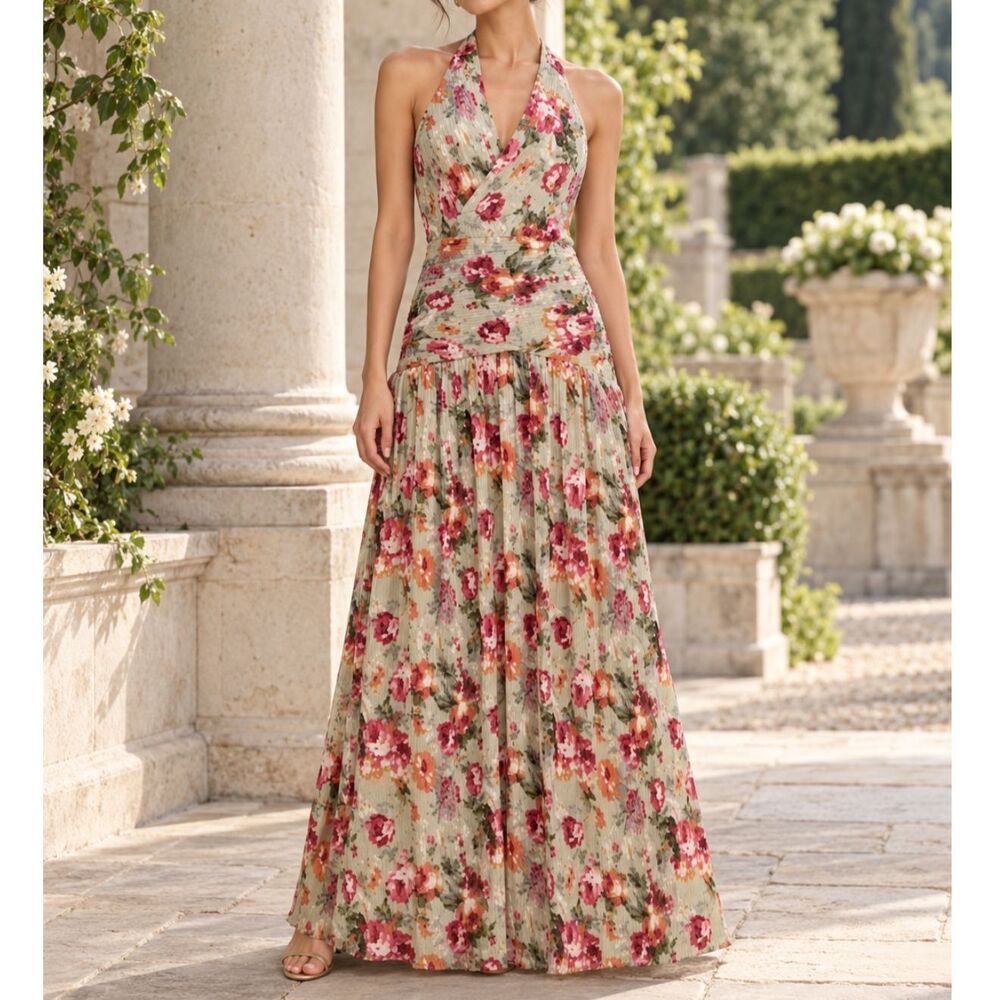 Lulus NWT Sylvanna Sage Floral Halter Drop Waist Maxi Dress Size Small